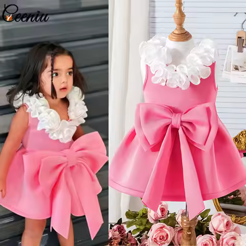 Ceeniu 0-4Y Toddler Girl Dresses Party Birthday Costume Ruffle Flower Fairy Dress For Girls Big Bowknot Baby Kids Evening Dress