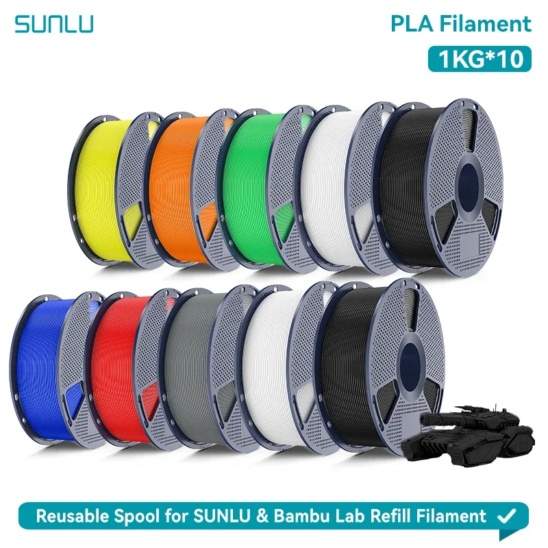 SUNLU PLA Filament 1KG 1.75mm 10 Spools Neatly Wound Basic PLA 3D Printing Plastic Material Fits Most FDM 3D Printers