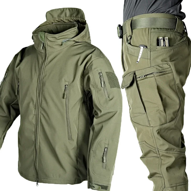 Men's winter thickened camouflage suit, multi-pocket hooded tactical jacket, fleece trousers, outdoor waterproof training suit