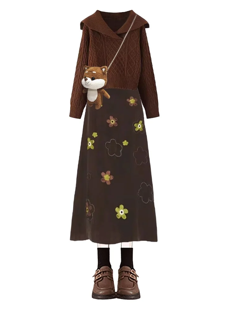 여성용 니트 투피스 세트 가을 겨울 신상 슬레 플로럴 프린트 스커트 하이웨이스트 랜턴 소매 브이넥 스웨터