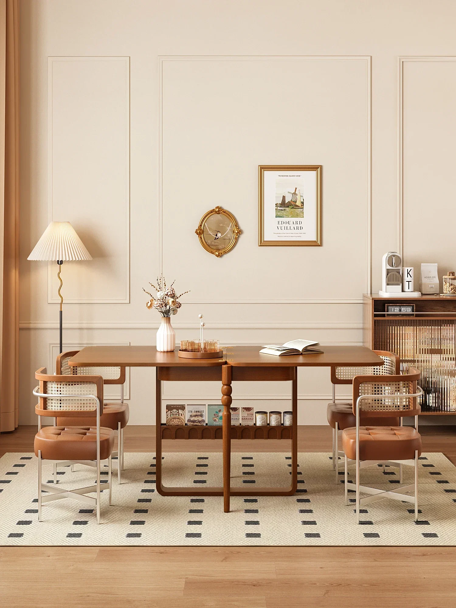 Mesa de comedor plegable, combinación de mesa de comedor y silla de almacenamiento retro francés