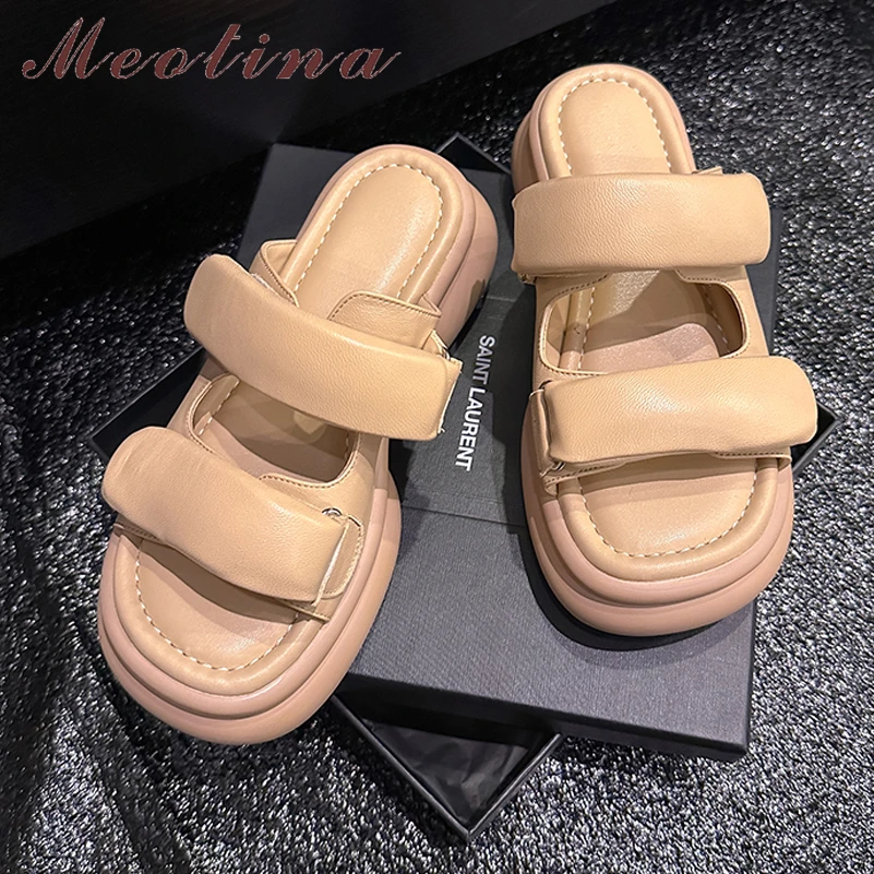 

Meotina Women Genuine Leather Slides Round Toe Platform Slippers Thick High Heels Sandals Sheepskin Ladies Shoes Summer 42