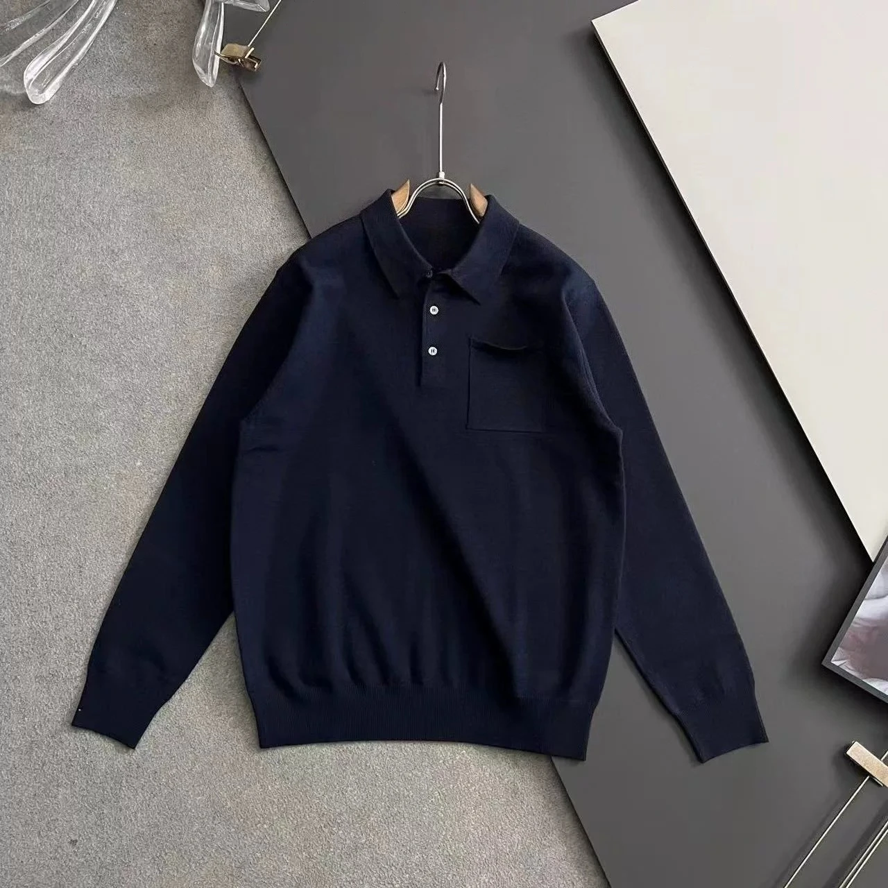 Italy BC pocket embroidered old money style men's knitted sweater lapel bottom long-sleeved POLO shirt