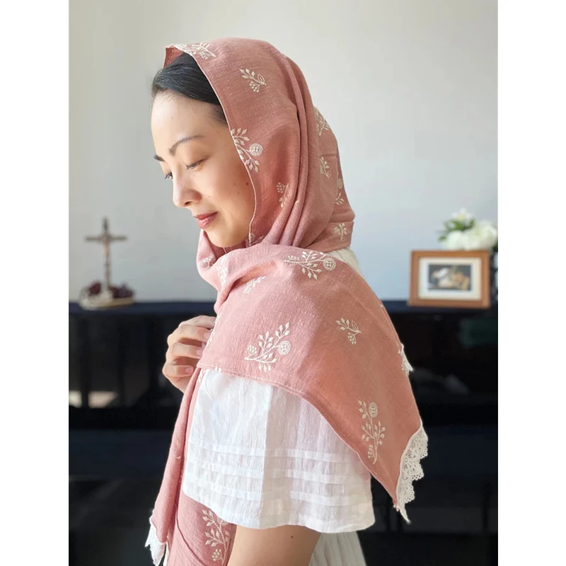 Cotton Rectangular Wrap Mantilla Veils For Church Chapel Catholic Mass Prayer Head Covering Pink Embroidered Floral Vintage Long