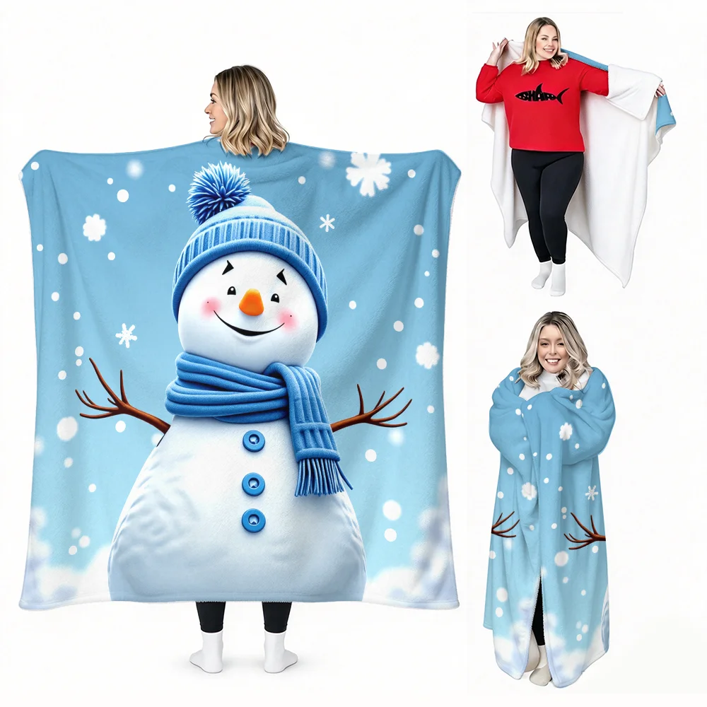 1PC Christmas Cute Snowman Print Wearable Blanket-Soft and comfortable, unisex, perfect for holiday lounging, winter warmth and
