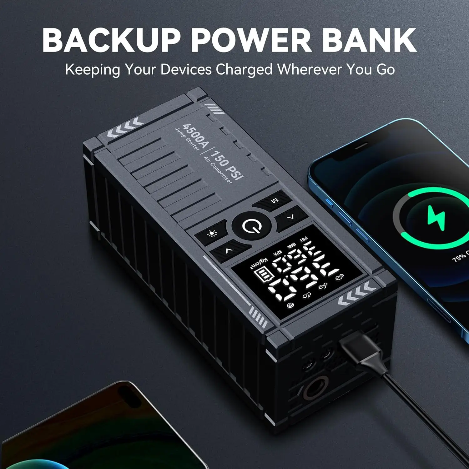 Avviatore di emergenza per batteria per auto con compressore d'aria - 4500A 150PSI, avviamento di emergenza portatile 12V con display LCD, luce LED, cavo di ponticello
