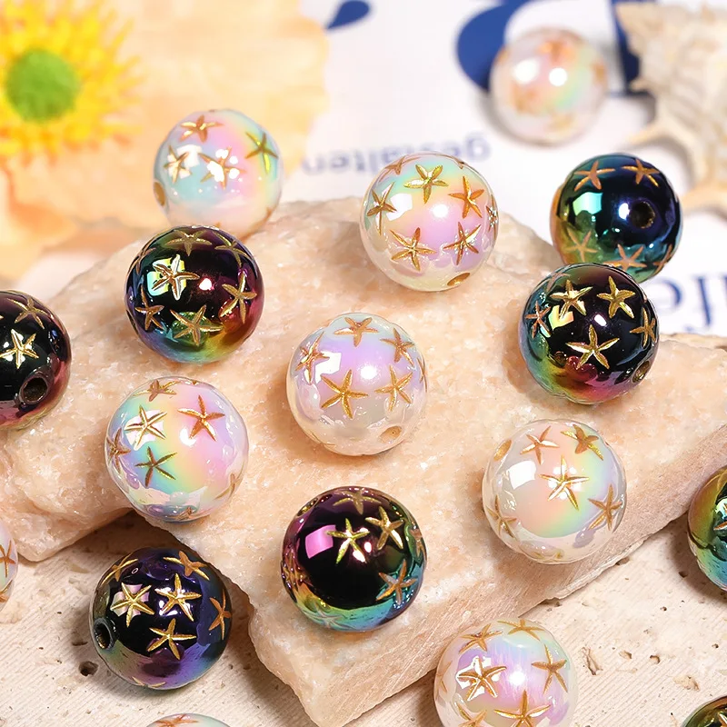 Wholesale 100pcs 16mm AB Glitter Colors Round Gumball Acrylic Jewelry Beads with Sea Stars Painting Ornament Accessories Craft