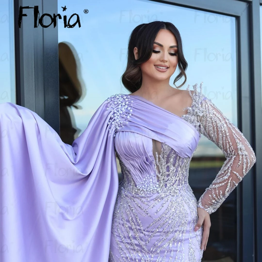 Floria Dubai Luxury Lilac Evening Dress with Cape Sleeves Midi Long Arabic Women Wedding Party Gowns Beading Birthday Night Gown