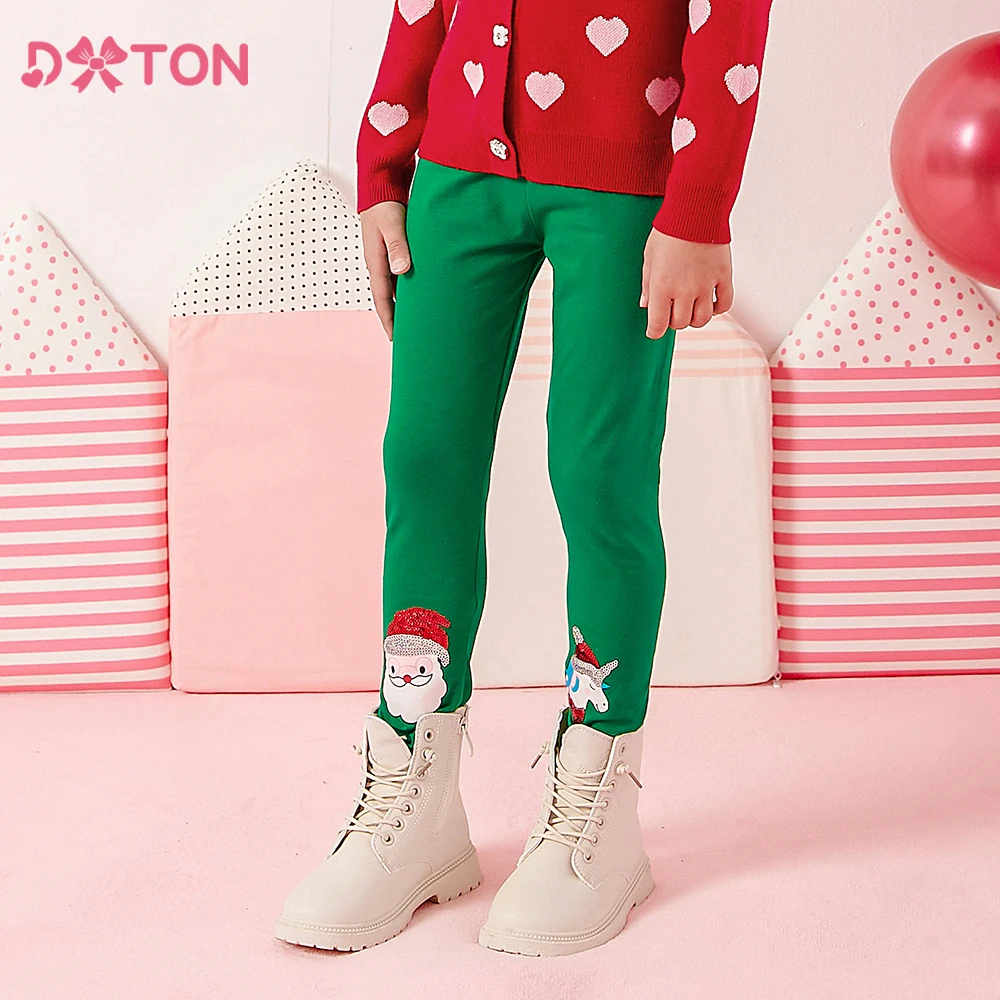 

DXTON Cotton Trousers For Girls Skinny Kids Leggings Green Solid Children Pants Santa Claus Appliqued Girls Christmas Clothing