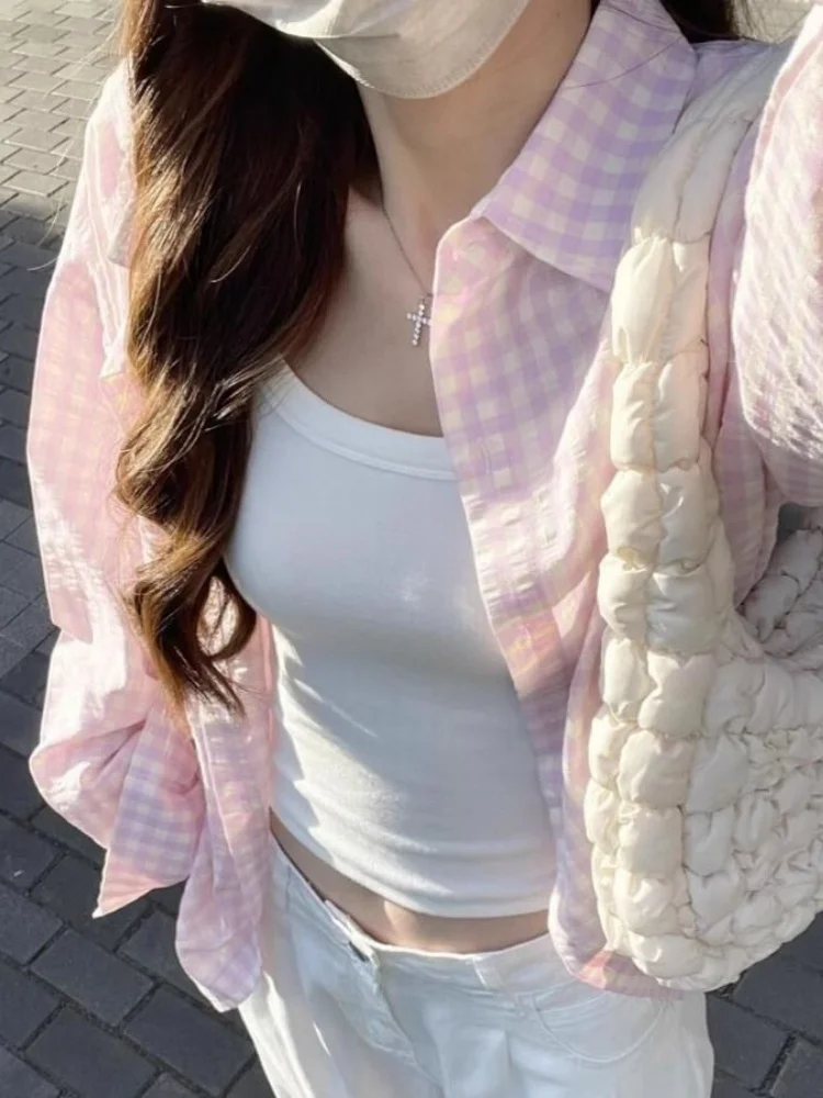 Rosa Plaid Loose Fit da donna irt Sottile Protezione solare Capispalla casual Coreano Sle Autunno Nuovo arrivo Versatile Pendolarismo Vento
