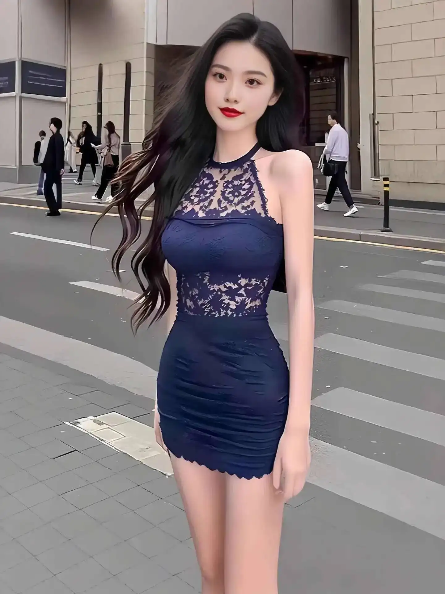 2025 neue Schlanke Bankett Kleid Hüfte Umarmt Sexy Spitze Patchwork Hals Hängen Kleid Elegant Für Frauen Spitze Mesh Sheer Tops M7JE