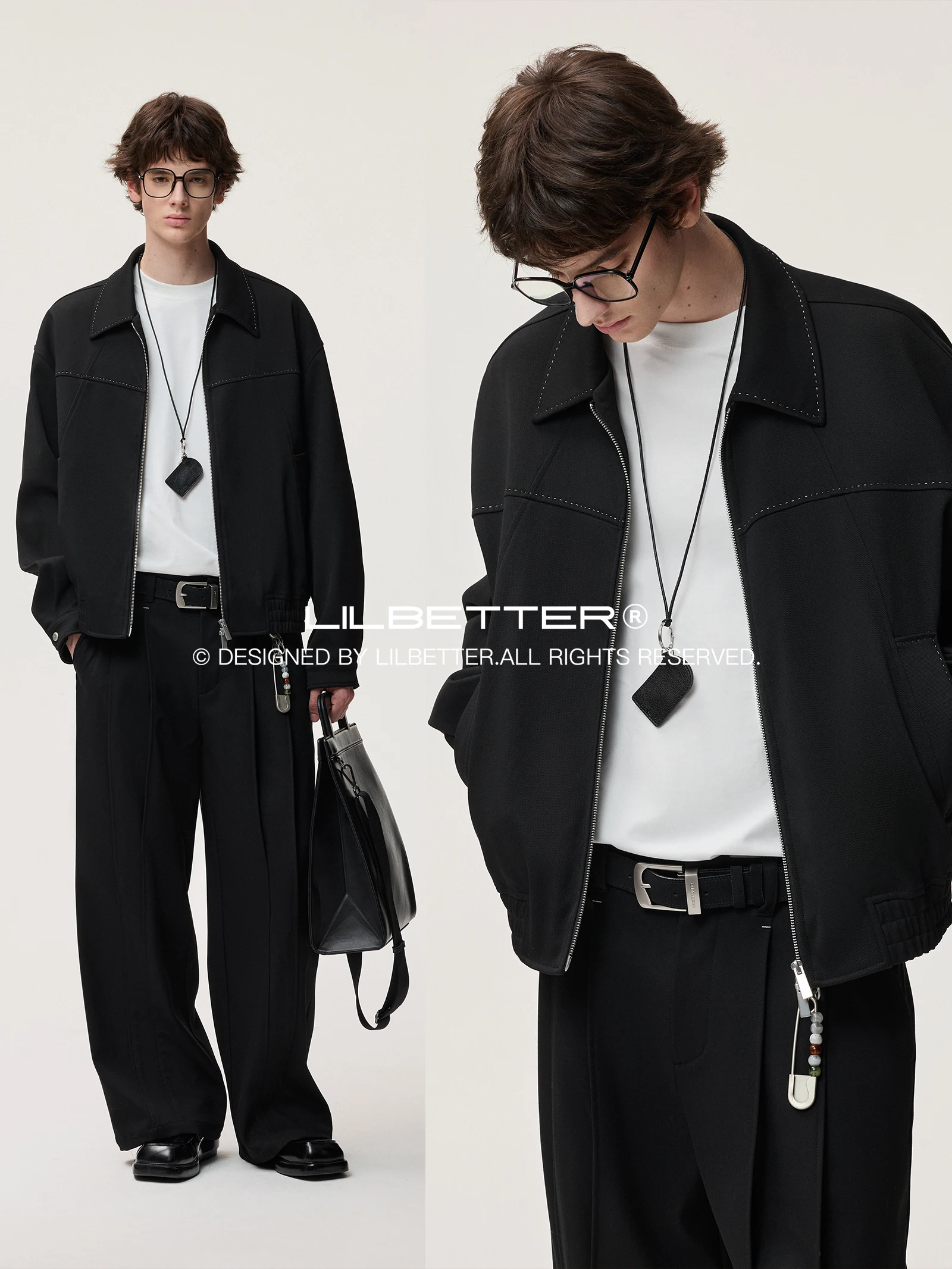 Lilbetter Handmade Loose Men's Jacket Arch Needle Color Block Press Line Spring Autumn Polyester Blend Long Sleeve Zipper Clo...