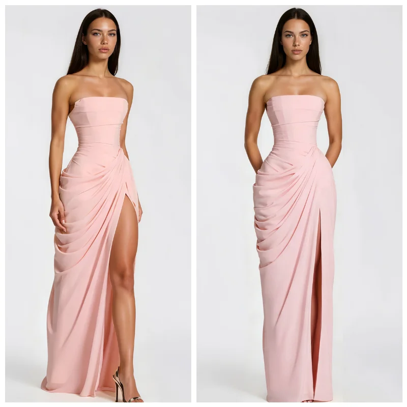 

Strapless Pink Satin Prom Dress, Pleated High Slit Maxi Gown Women Evening Party Cocktail Wedding Guest Grass Outdoor Wedding