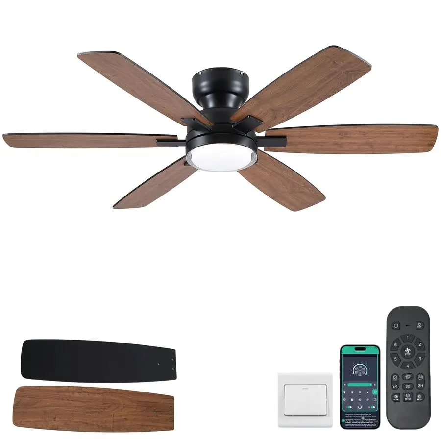 

Потолочные вентиляторы в деревенском стиле с подсветкой, низкопрофильный потолочный вентилятор скрытого монтажа с дистанционным управлением через приложение, 6 двусторонних реверсивных лопастей, 3 скорости