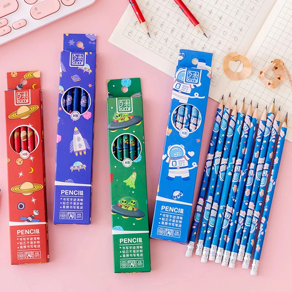 10 Boxed Wooden Pencils with Eraser HB Pencil Cartoon Planet Writing Pen Cute Student Pen Kawaii School Supplies Gifts Pen Prize