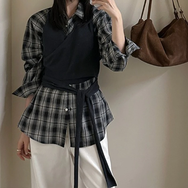 خمر الطبقات منقوشة قميص المرأة الخريف جديد اللون محبوك سترة تنوعا طويلة الأكمام البلوز الأعلى