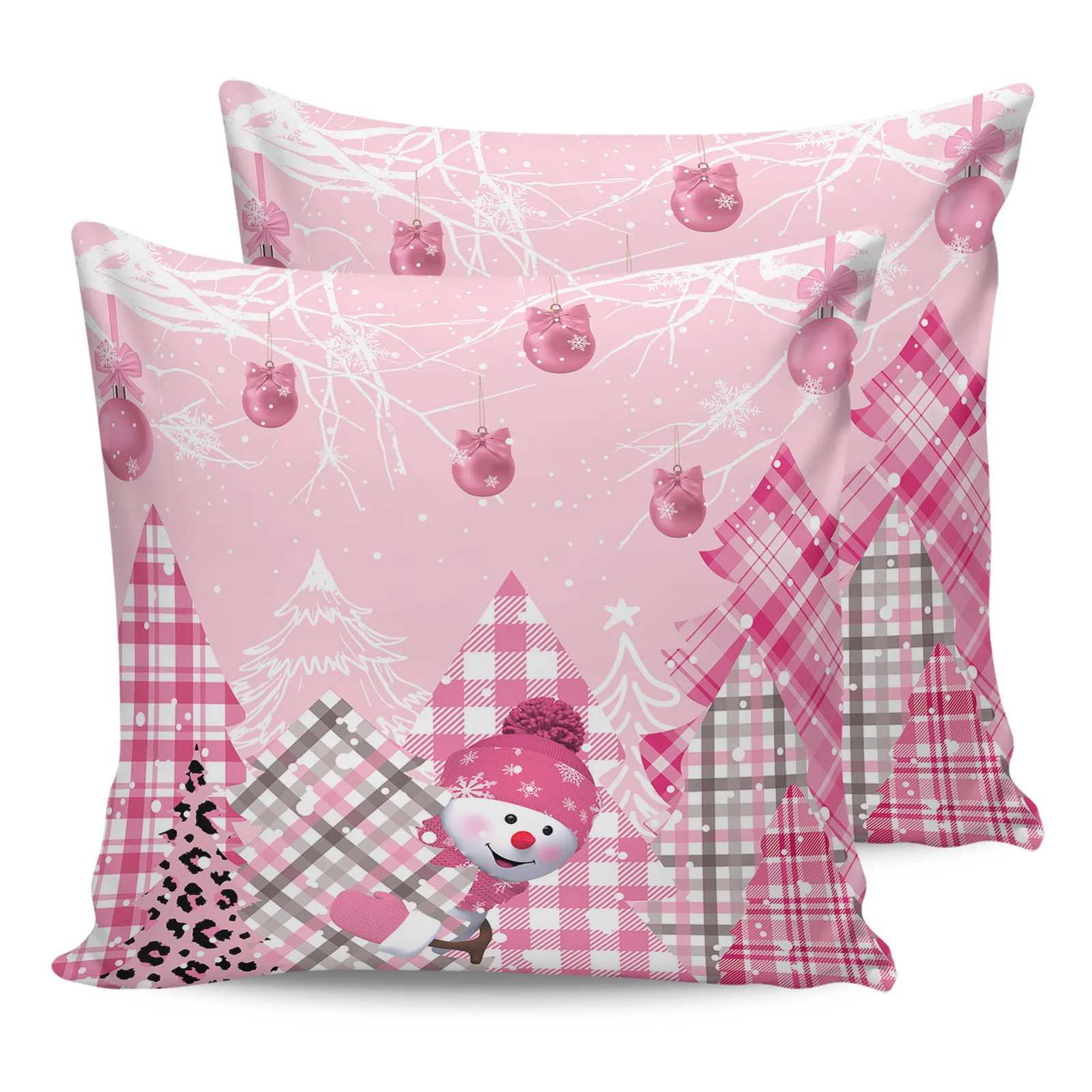 Christmas Winter Pink Tree Snowman Ball Branch 2/4PCS Outdoor Garden Waterproof Cushion Cover Home Decor 45/50/60cm Pillow Case