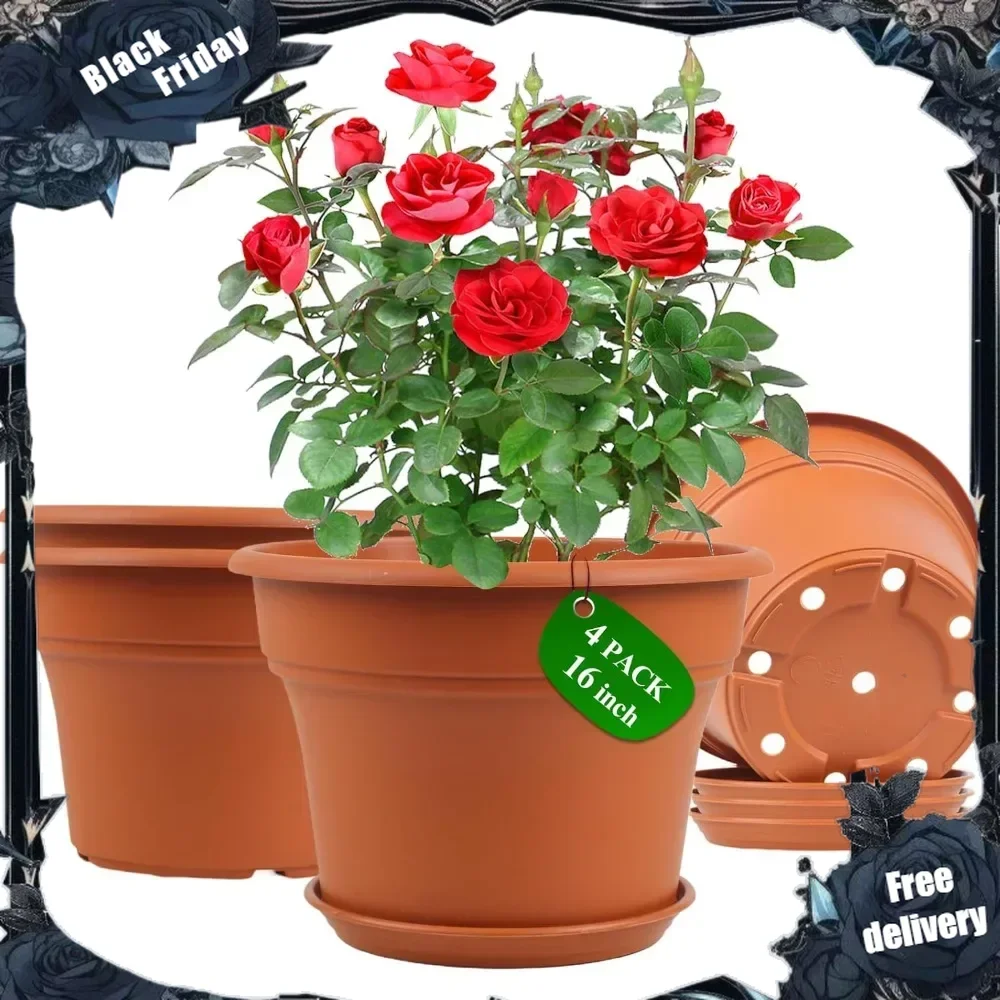 

16 inch Plastic-Flower-Pot-for-Indoor-Plants, 4 Pack Large Outdoor Planter Pot with Drainage Holes & Saucers