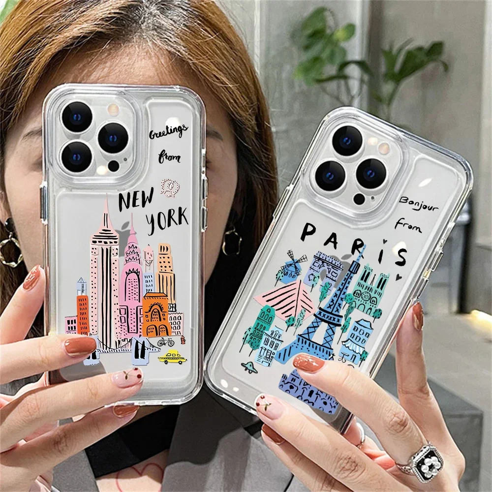 Famous New York and Paris City Clear Case for iPhone 16 11 12 13 14 15 Pro Max XR 8 Plus Anti-Scratch Ultra Thin Silicone Cover