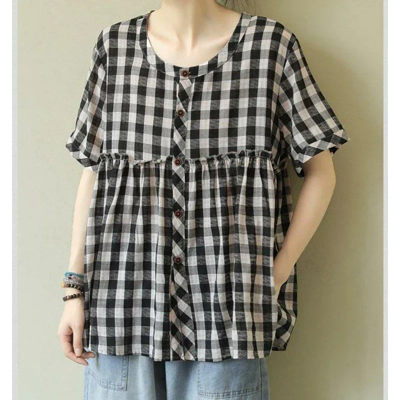 Mode col rond bouton ample épissé volants chemises à carreaux femmes vêtements nouveau surdimensionné décontracté hauts tout-match Blouses XQ139