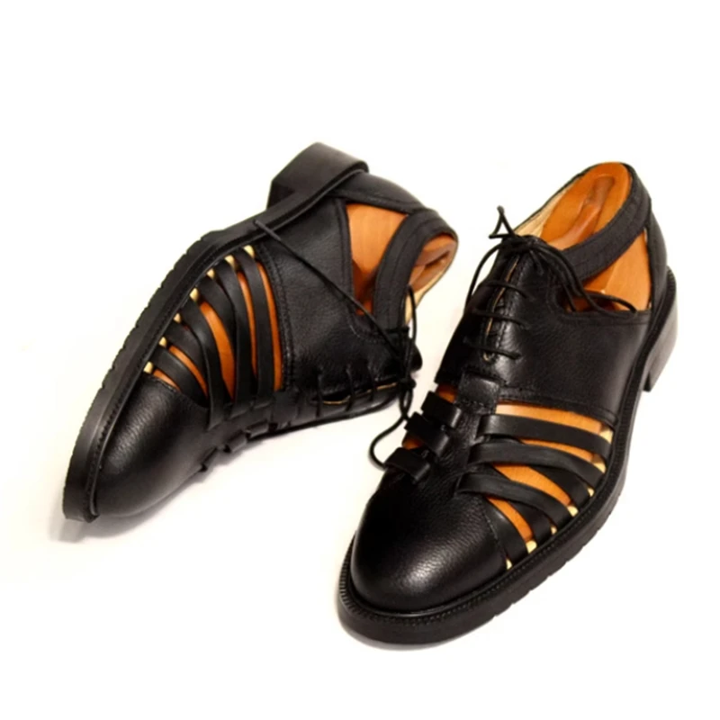 British Vintage Cut-out Leather Sandals Men Multi-strap Woven Upper Lace-up Non-slip Sole Lightweight Summer Commuter Footwear