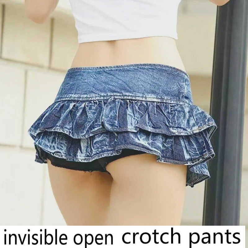 Invisible Crotch Pants Skirt Sexy European and American Style Denim Hottie New Short Skirt Low Waist Cake Miniskirt Gothic