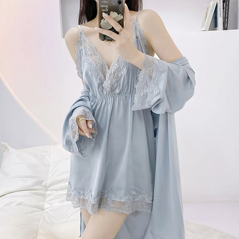 

Spring Summer Sleepwear Female Kimono Bathrobe Gown Nightgown Loose Rayon Home Wear Loungewear Sexy Lace Trim Twinset Robe Set