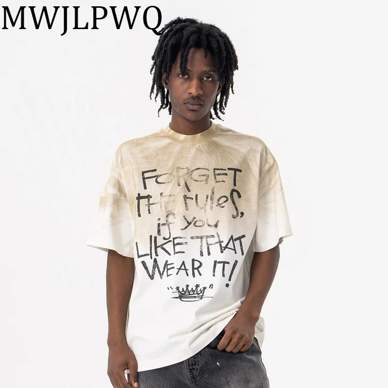

MWJLPWQ Spray Dirty Niche Design Мужские футболки с надписью High Street Ретро Проблемные летние футболки с круглым воротником и короткими рукавами 010510