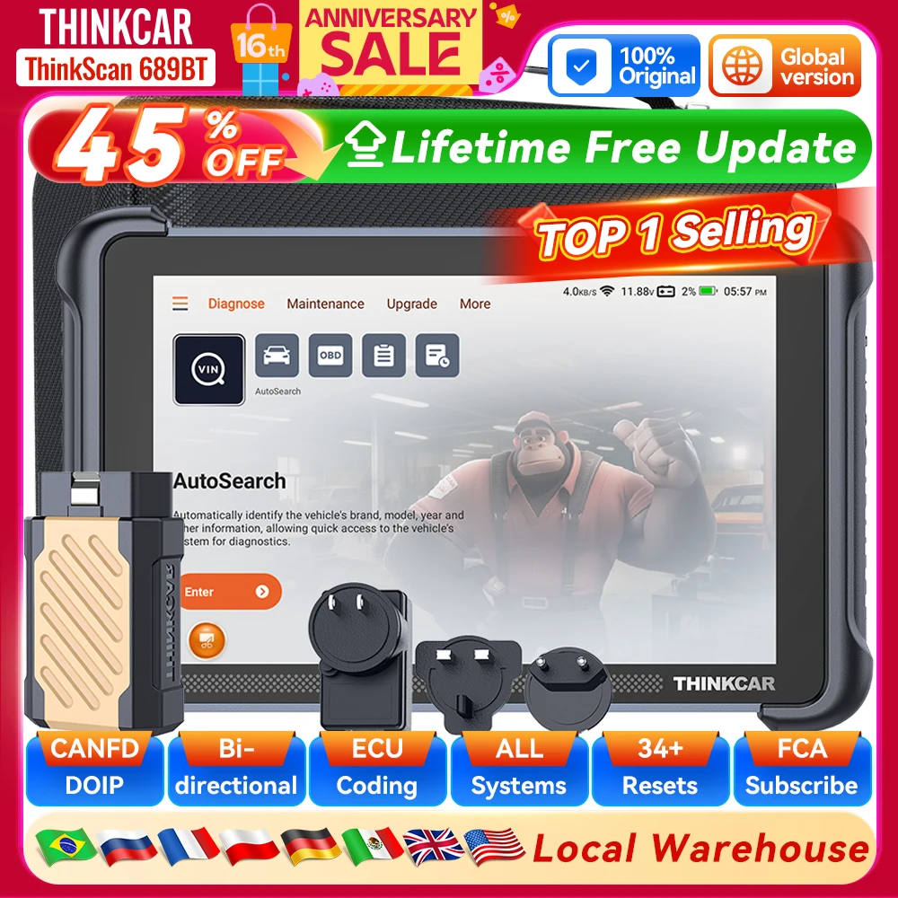 

THINKCAR THINKSCAN 689BT Автомобильный диагностический инструмент CANFD DOIP Двунаправленное кодирование ЭБУ 34 Сброс Полная система Сканер Obd2 Пожизненный бесплатно