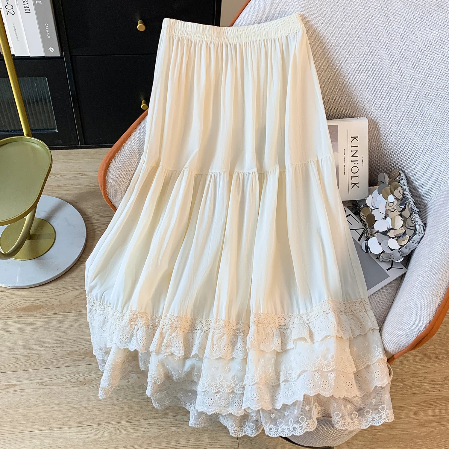 Retro Style Semi-Long Pure Cotton Lace Patchwork Midi Skirt Inner Lined Base Long Skirt  Color Sweet Forest System