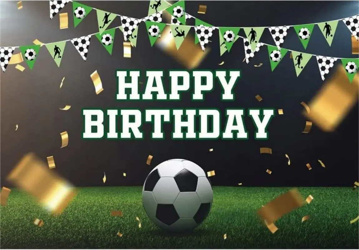 Soccer Happy Birthday Party Backdrop Football Stadium Gold Ribbon Photography Background for Kids Boys Baby Decoration Banner