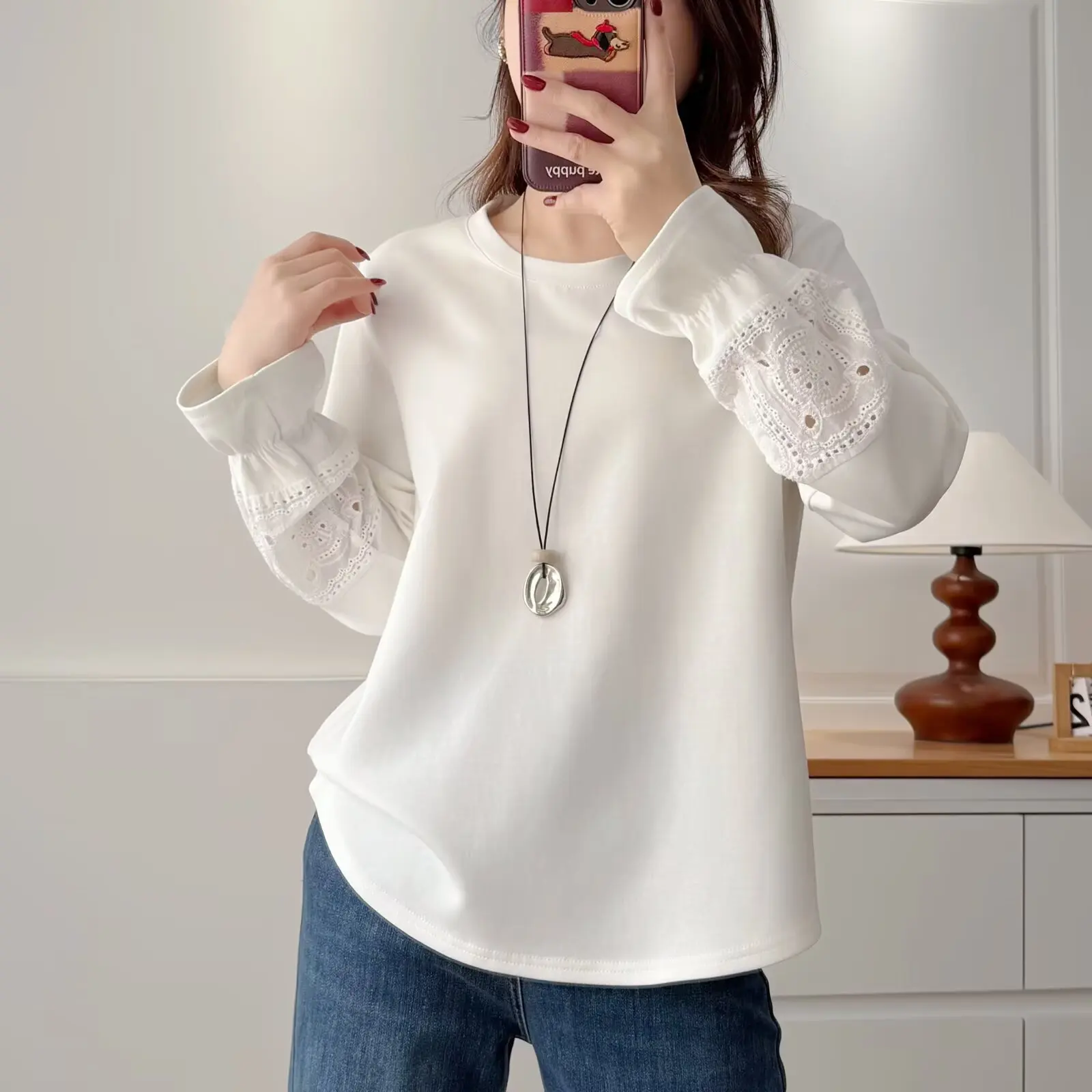 

XXXXL Fashion Plus Size Woman Clothing Sweatshirt Spring 2026 New Style Casual Embroidered Hollow Out Flared Sleeves Tops 2526