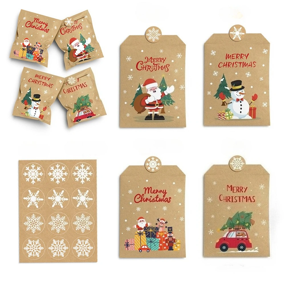 Sacs en papier Kraft enveloppe sacs cadeaux de noël avec autocollants emballage de bonbons et de biscuits sacs de cadeaux de fête du nouvel an calendrier de l'avent bricolage