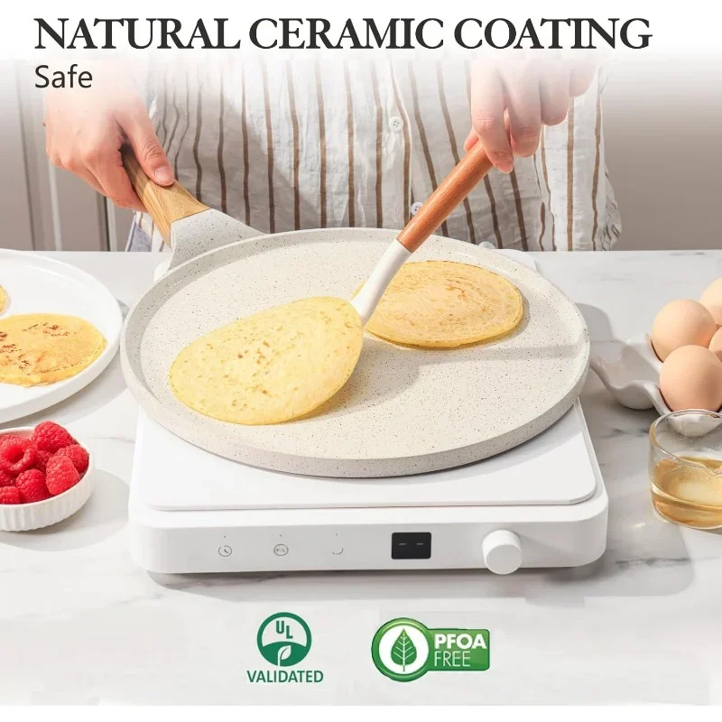 Nonstick Crepe Pan with Spreader 10Inch Natural Ceramic Coating Dosa Pan Pancake Flat Skillet Tawa Griddle with Stay-Cool Handle