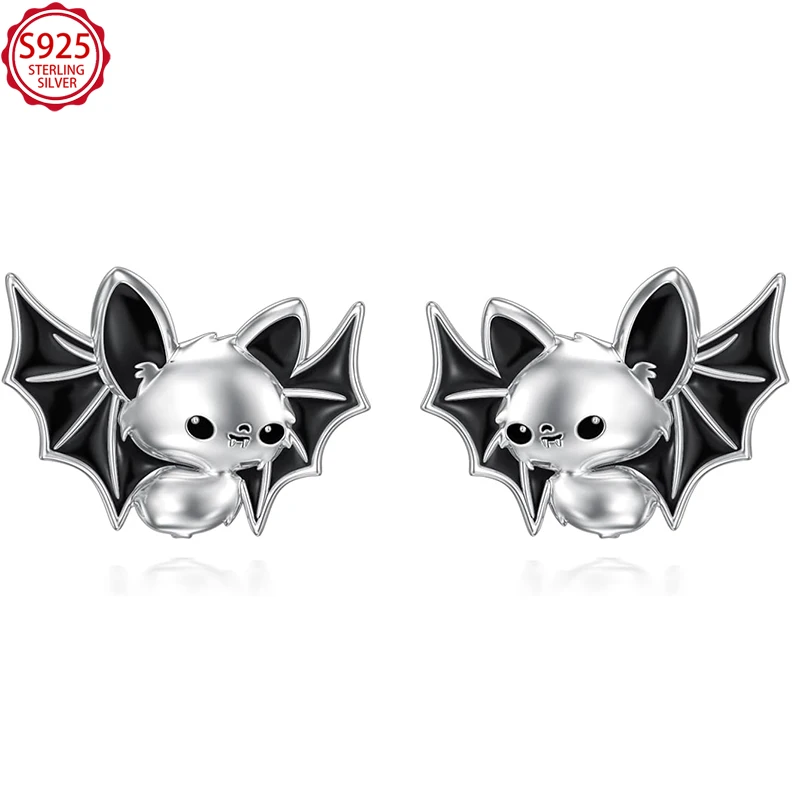 

S925 Sterling Silver Cute Bat Stud Earrings, Black Enamel Gothic Halloween Party Jewelry Birthday Gift for Women