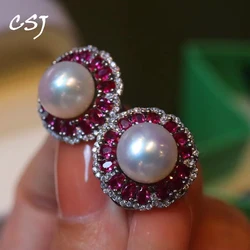 CSJ Classic Fresh Water Pearl Earring Sterling 925 Silver Created Ruby for Women Party Birthday Christmas Hand Made Jewelry Gift