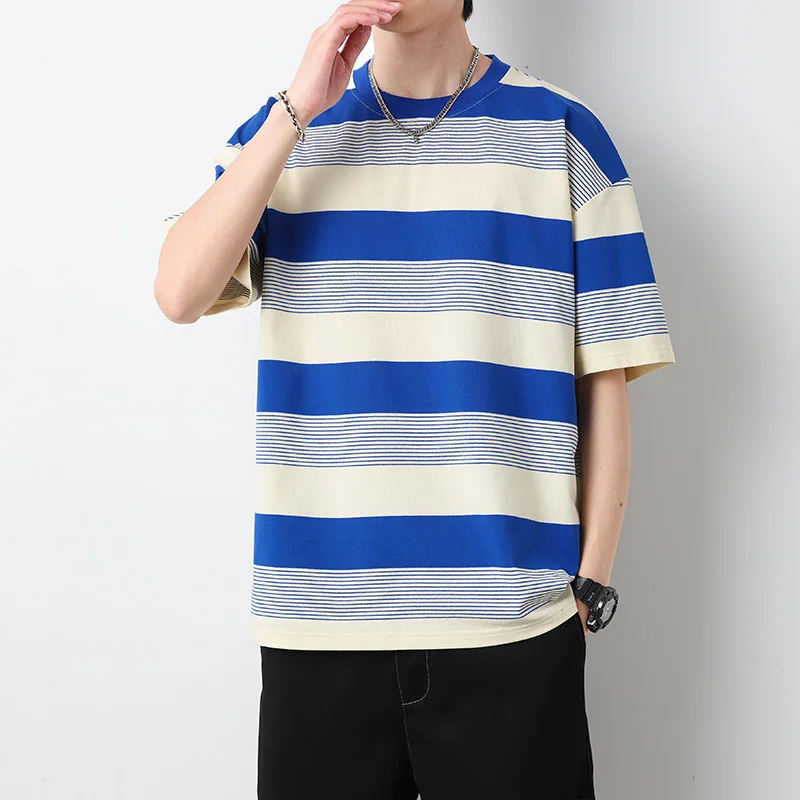 Casual 2024 Summer Men's Striped Cotton T-Shirts Outdoor Sport Loose Short-Sleeve Tops&Tees Streetwear Tshirt For Youth Clothing