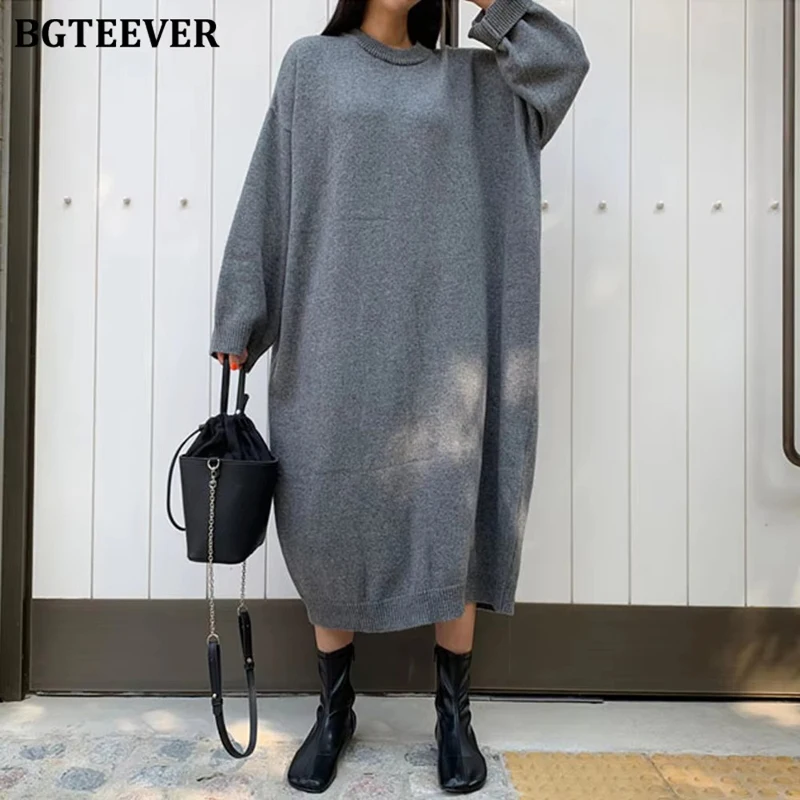 BGTEEVER Casual O-neck Long Sleeve Oversized Women Knitted Dress Autumn Winter Straight Female Knitted Dress vestidos