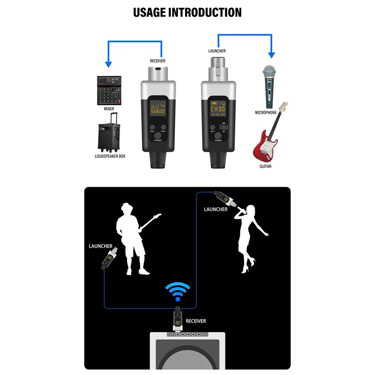 ワイヤレスXLRマイク,送信機と受信機,充電式システム,ダイナミックマイク,0v,48v