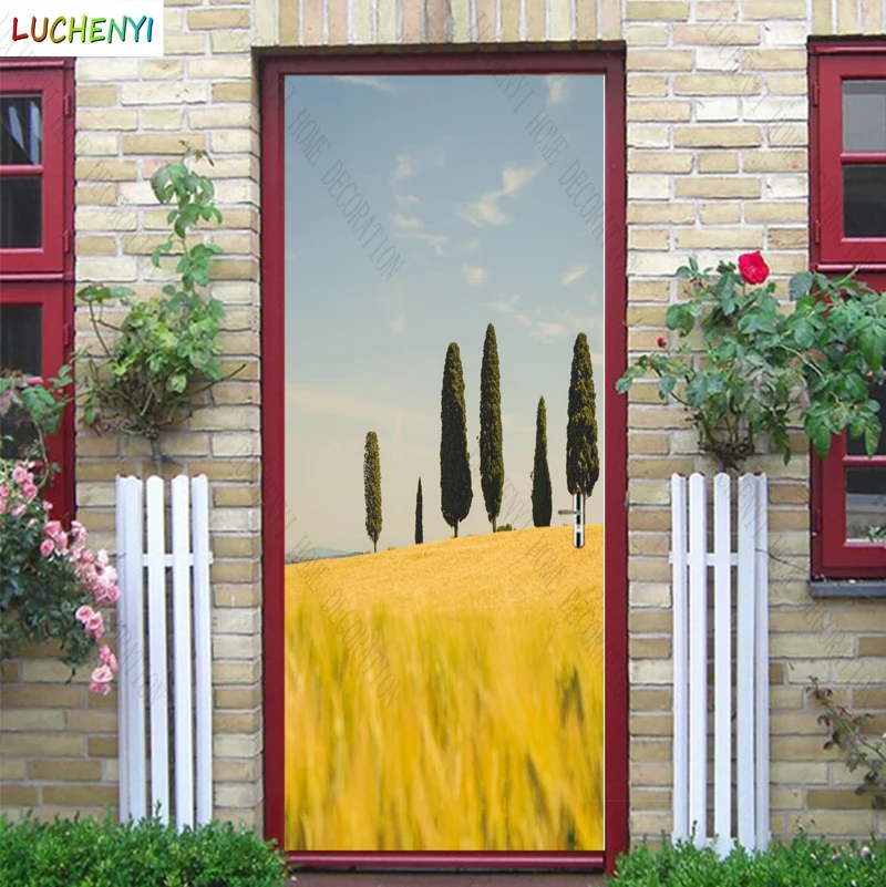 Papel de parede desert trees yellow sand landscape blue sky clouds door sticker bedroom door wallpaper mural , home decoration