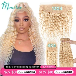 613 Blonde Deep Wave Bundles Human Hair with Closure 4x4 Brazilian Blond 13x4 Lace Frontal with 613 Curly 3 4 Bundles Human Hair