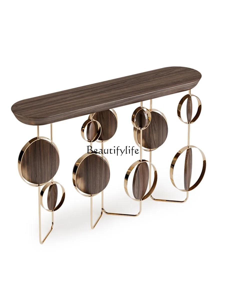 

Italian Stainless Steel Side View Abstract Art Black Walnut Log Simple Console Tables