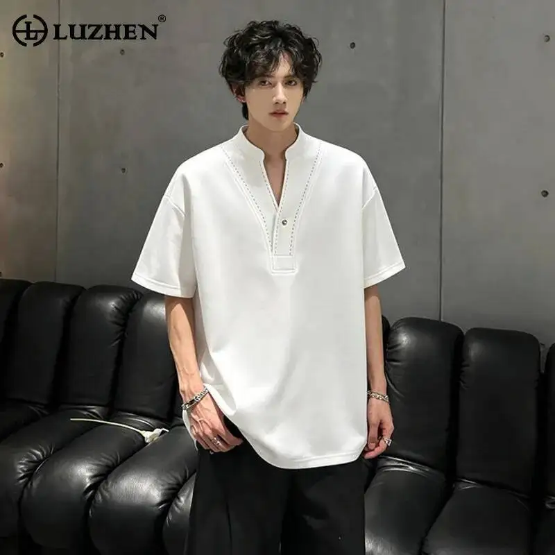 LUZHEN 2026 Summer New Solid Color Korean Fashion Short Sleeve T-shirts Men's High Quality Small V-neck Casual Male Tops JY7263
