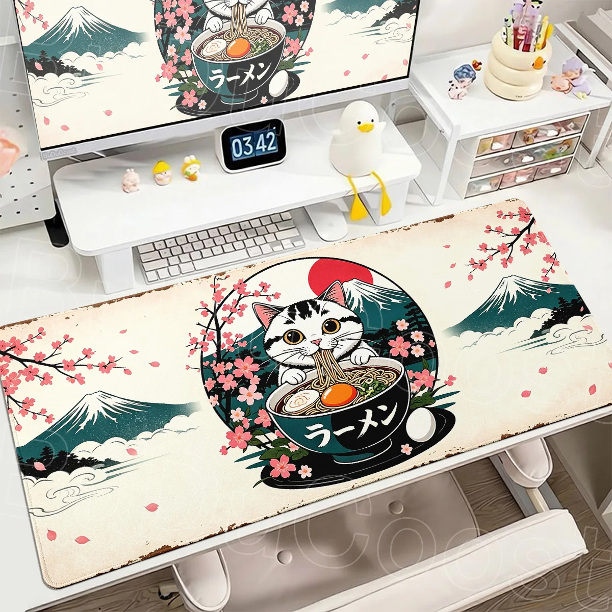Kawaii Cat Anime Mousepad XXL Large Laptops Gaming Deskmat Japan Sakura Mount Fuji Mouse Mat Office Long Rugs Gamer Keyboard Pad