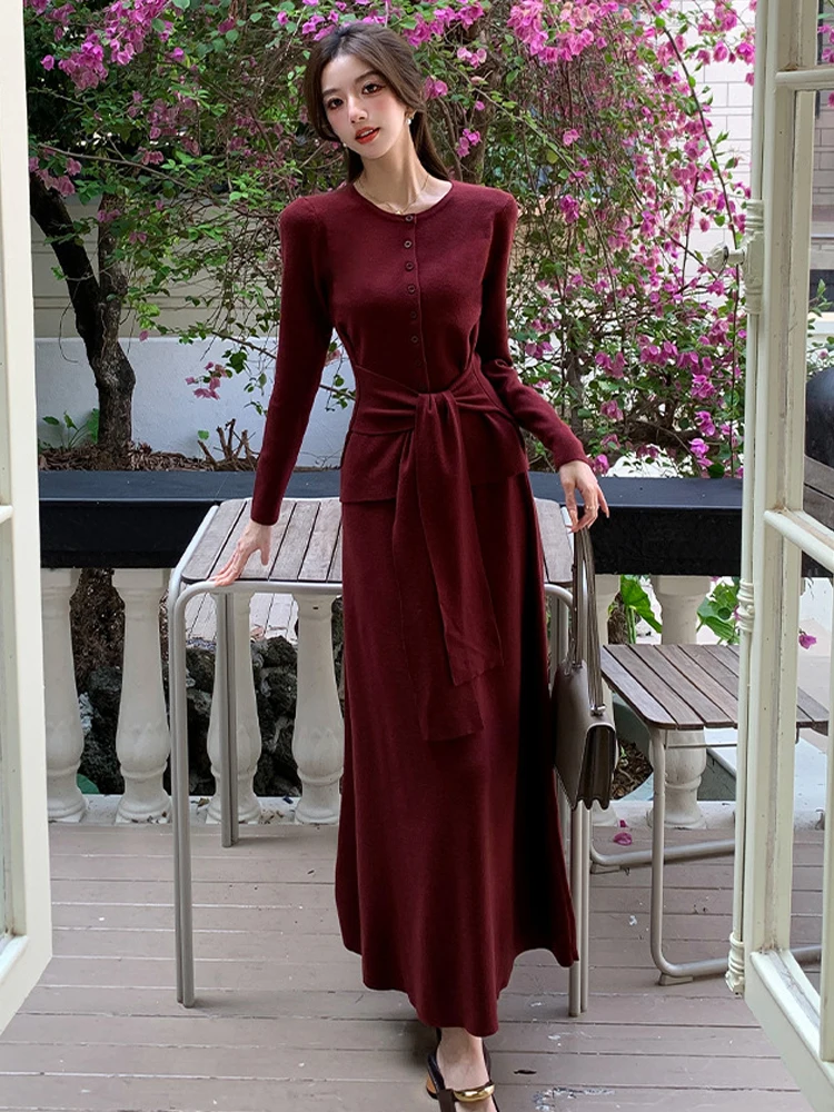 

Women Stretchy Clothes Knitted Casual Outfits Single Breasted Coat Tops Sweater Outwear And A-Line Long Skirt Mujer 2 Pieces Set