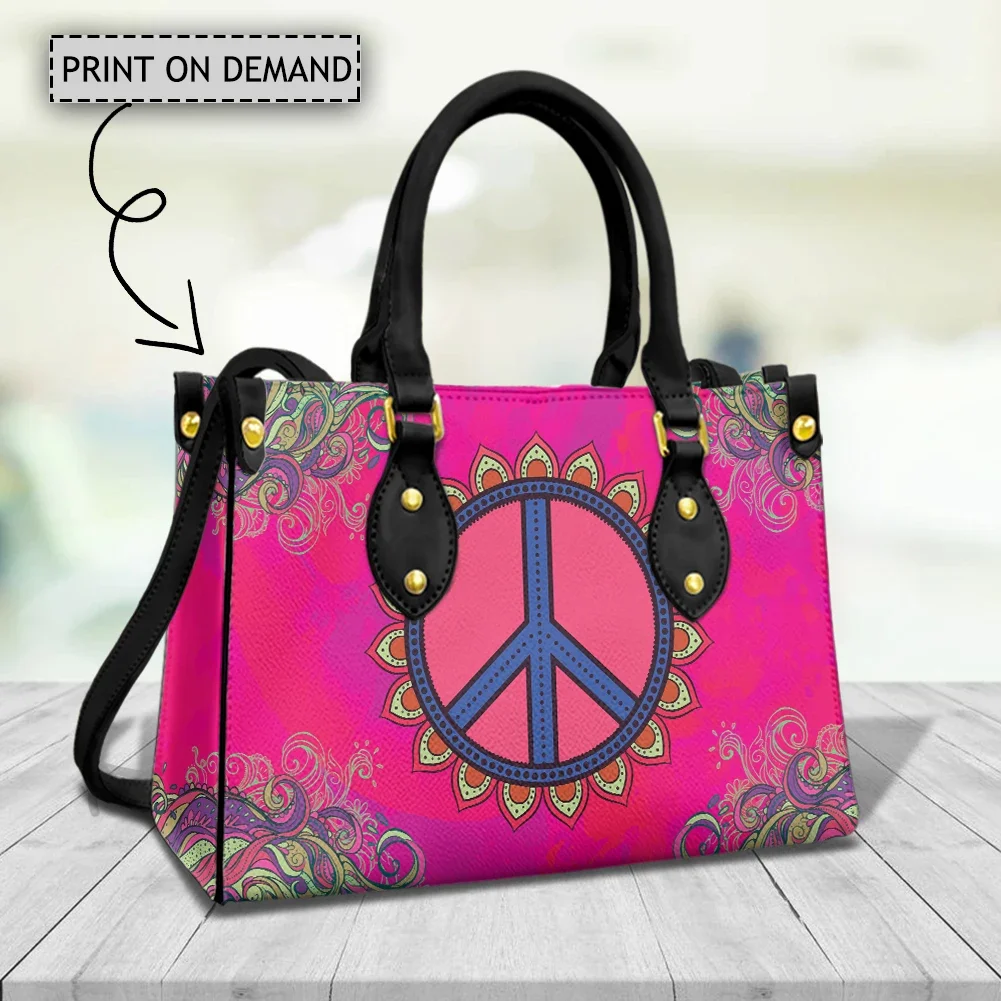 Sacs à main en cuir PU Peace and Love Print pour femmes, grand fourre-tout, sacs à main de luxe, créateur de marque, poudres à poignée supérieure, initié