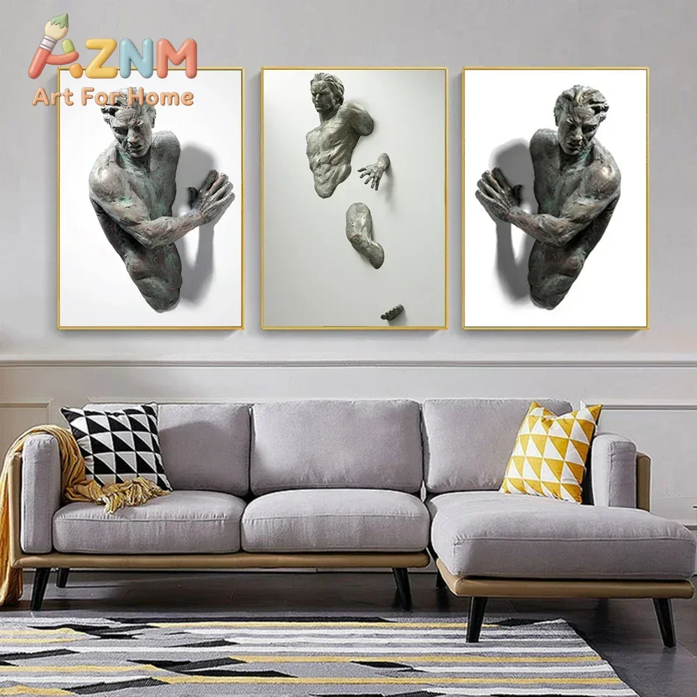 Sculpture Man Coming Out of Wall Abstract Figure Home Decor Canvas Printed Mural Poster Statue Art Living Room Modern Cuadro