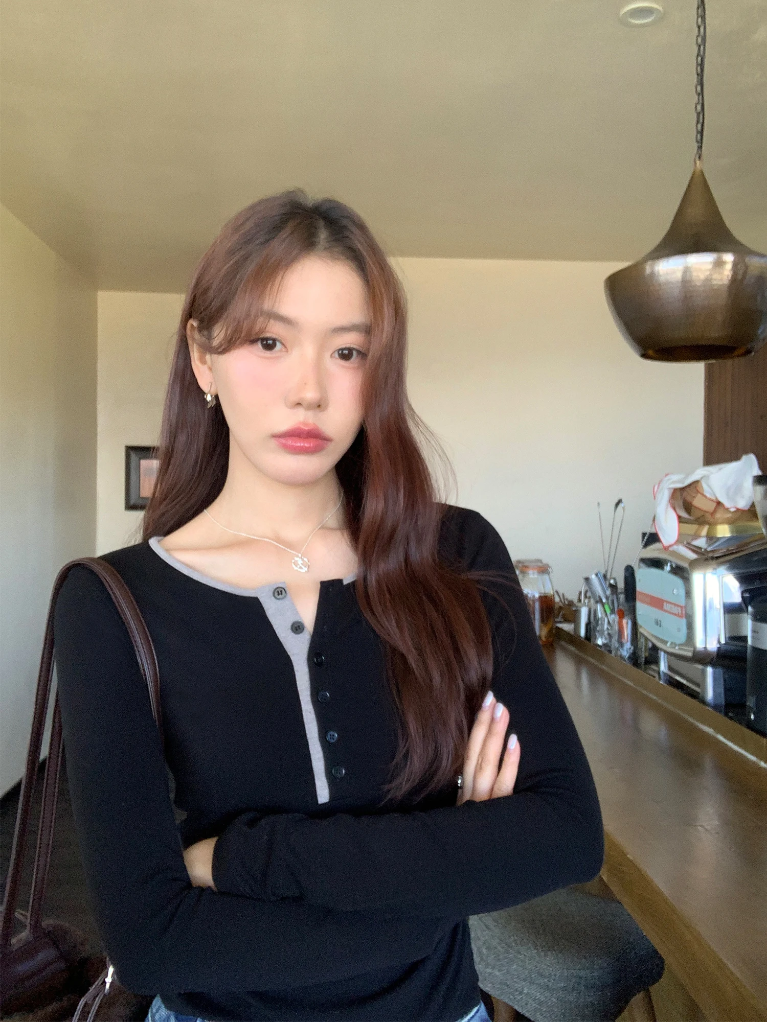 

Pusumede Aesthetic Sedimentation Color Colion f Длинный све женский вязаный топ с открытым воротником, облегающий базовый топ