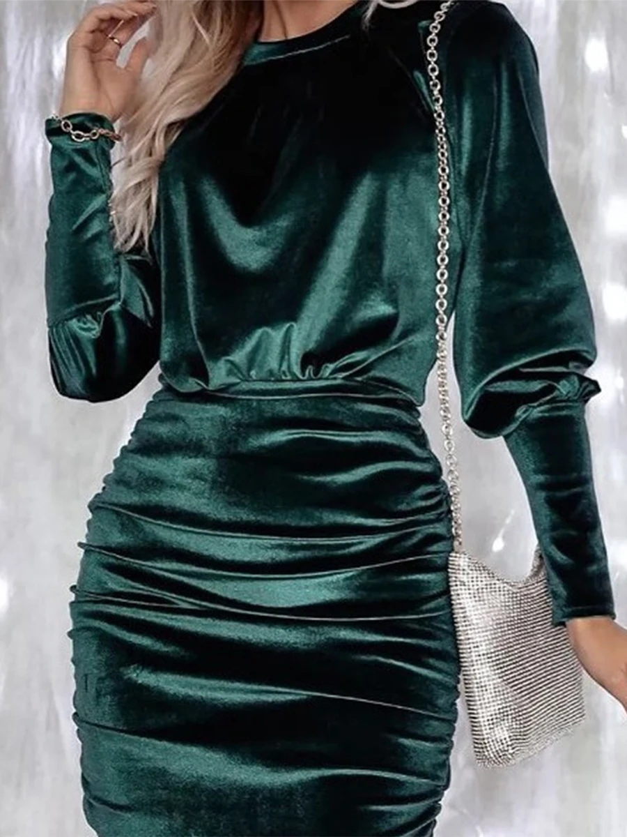 Women s Fall Velvet Bodycon Dress Solid Color Round Neck Lantern Long Sleeve Ruched Mini Dress