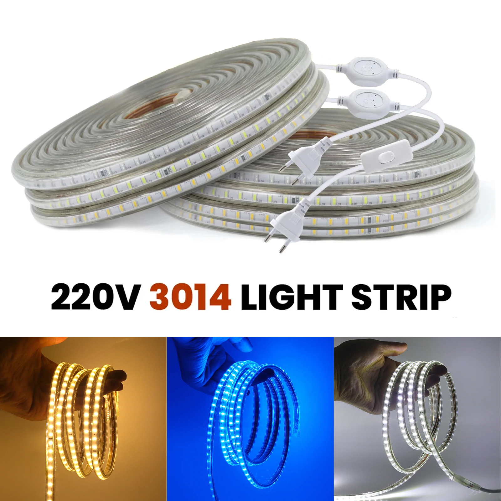 AC 220V 3014 LED Strip Waterproof 120Leds/M Flexible LED Tape Ribbon Blue/Warm White/White Outdoor Lamp 10M 15M 20M 30M 50M 100M